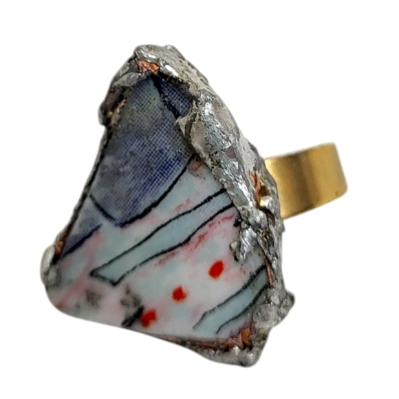 Hand Crafted Jewelry - 18K Broken Pottery Abstract Gold Plated Stainless Steel Ring